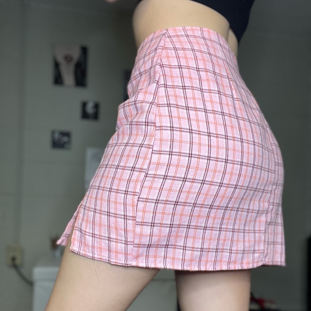 Pink Plaid Mini Skirt with Slits